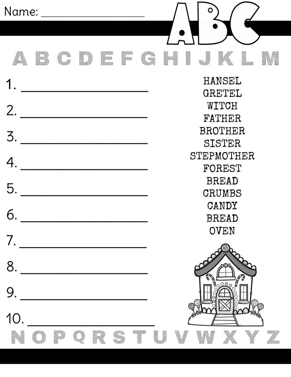 Alphabetizing story words: students write words like witch, forest, candy and oven in ABC order on 10 numbered lines