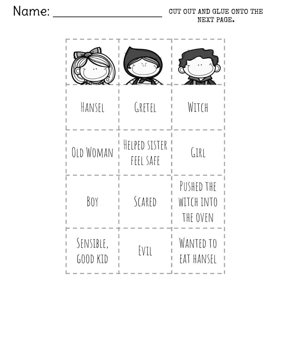 Cut-out cards: three character faces, names Hansel, Gretel and Witch, plus traits such as Scared, Evil and Girl to sort