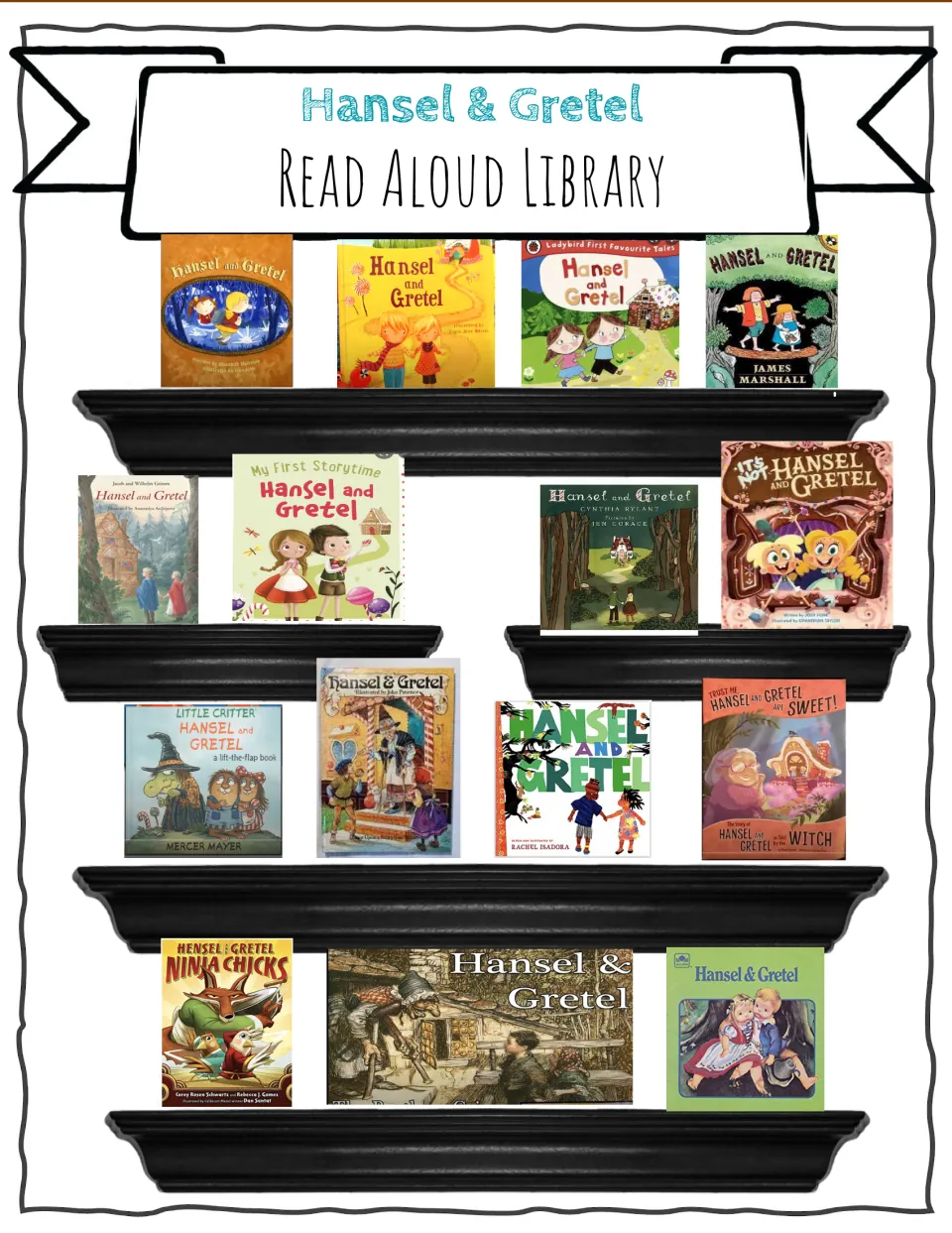Hansel & Gretel read aloud bookshelf showing 15 picture book covers of different versions for students to choose from