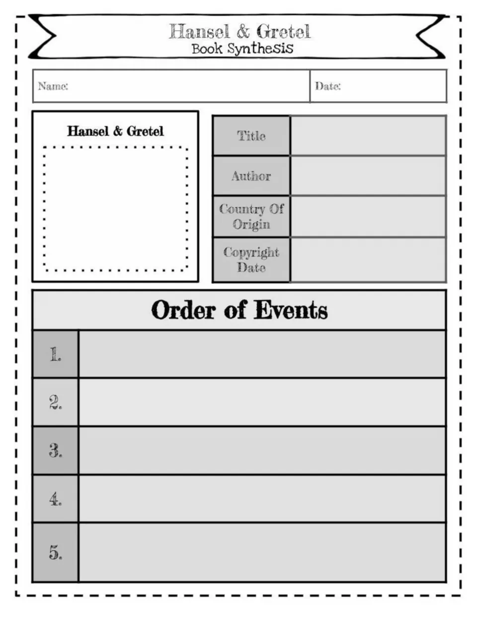Grayscale Hansel & Gretel book synthesis: students record book details, draw a picture and sequence 5 story events