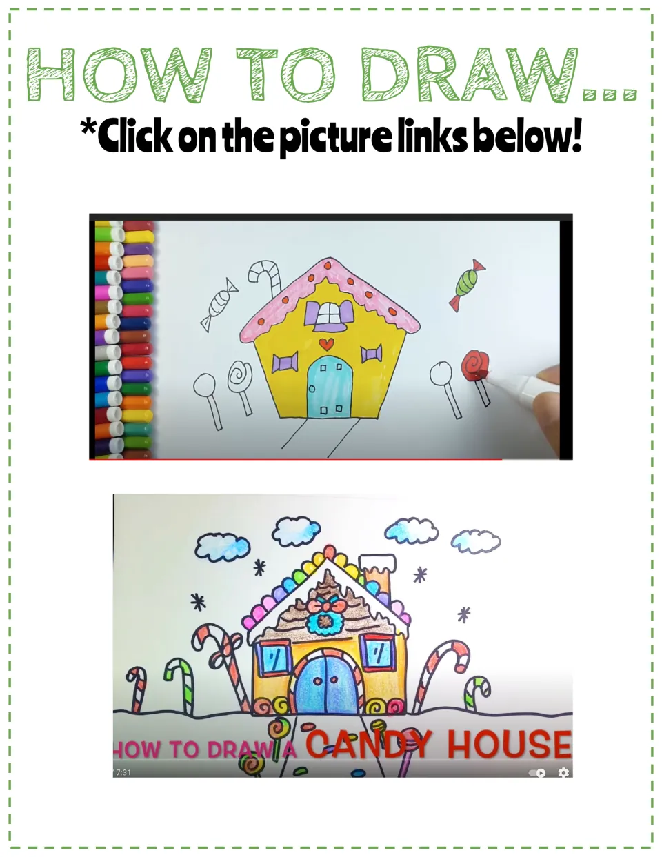 How to draw a candy house: two linked video stills show a house with candy canes, lollipops and wrapped sweets to copy