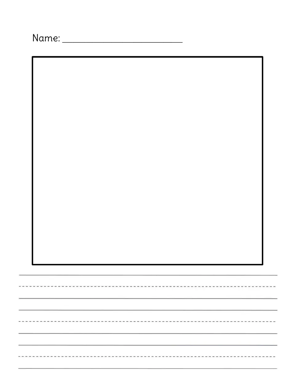 Plain draw-and-write template: name at top, square drawing space for the candy house, three handwriting rows below