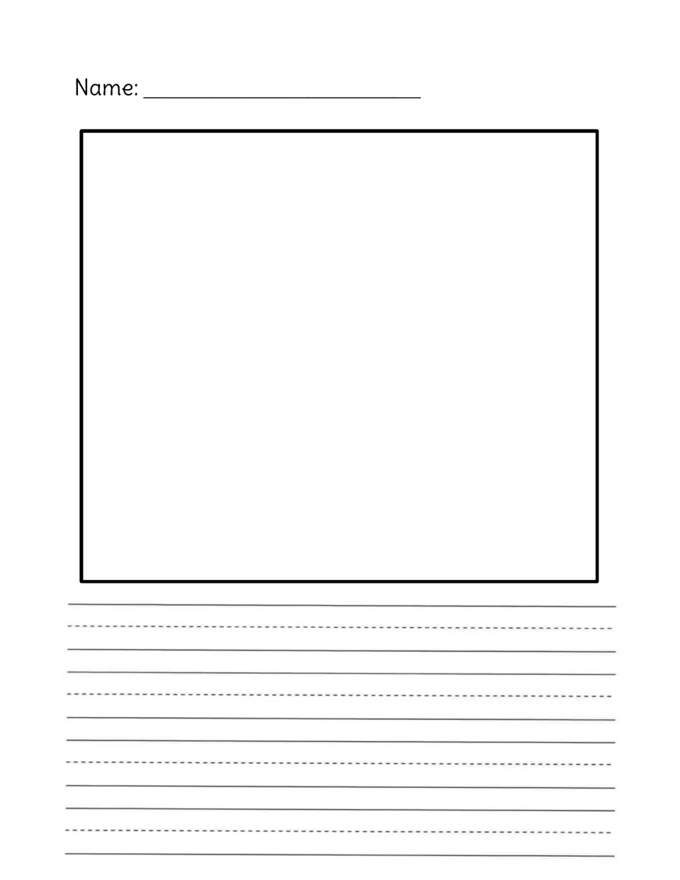 Unframed name, drawing and writing template where students draw a candy house and add four rows of handwriting about it