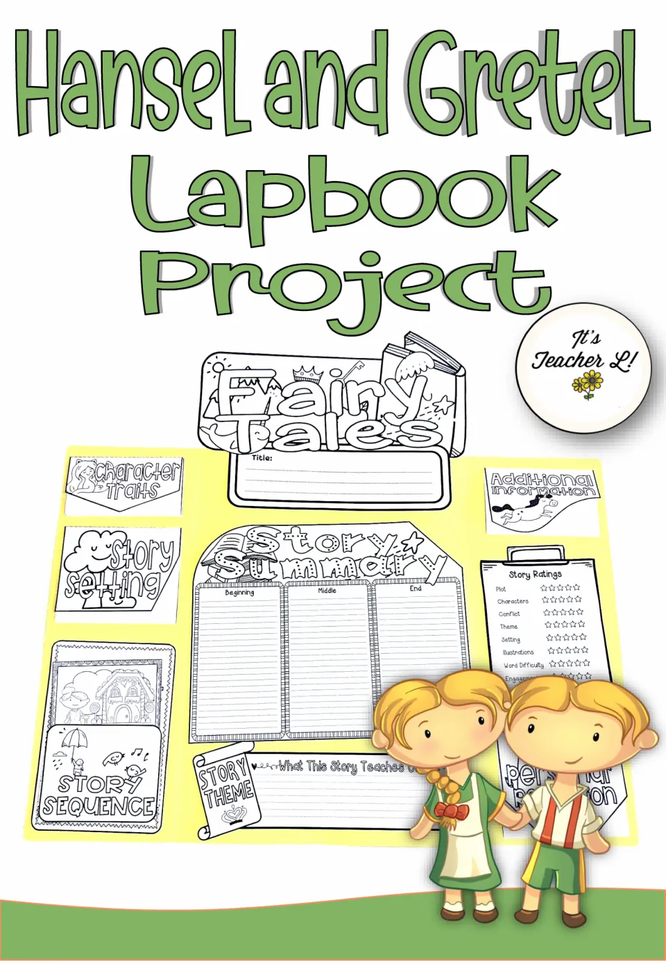 Project cover for a Hansel and Gretel lapbook showing a sample assembled project and its reading components.