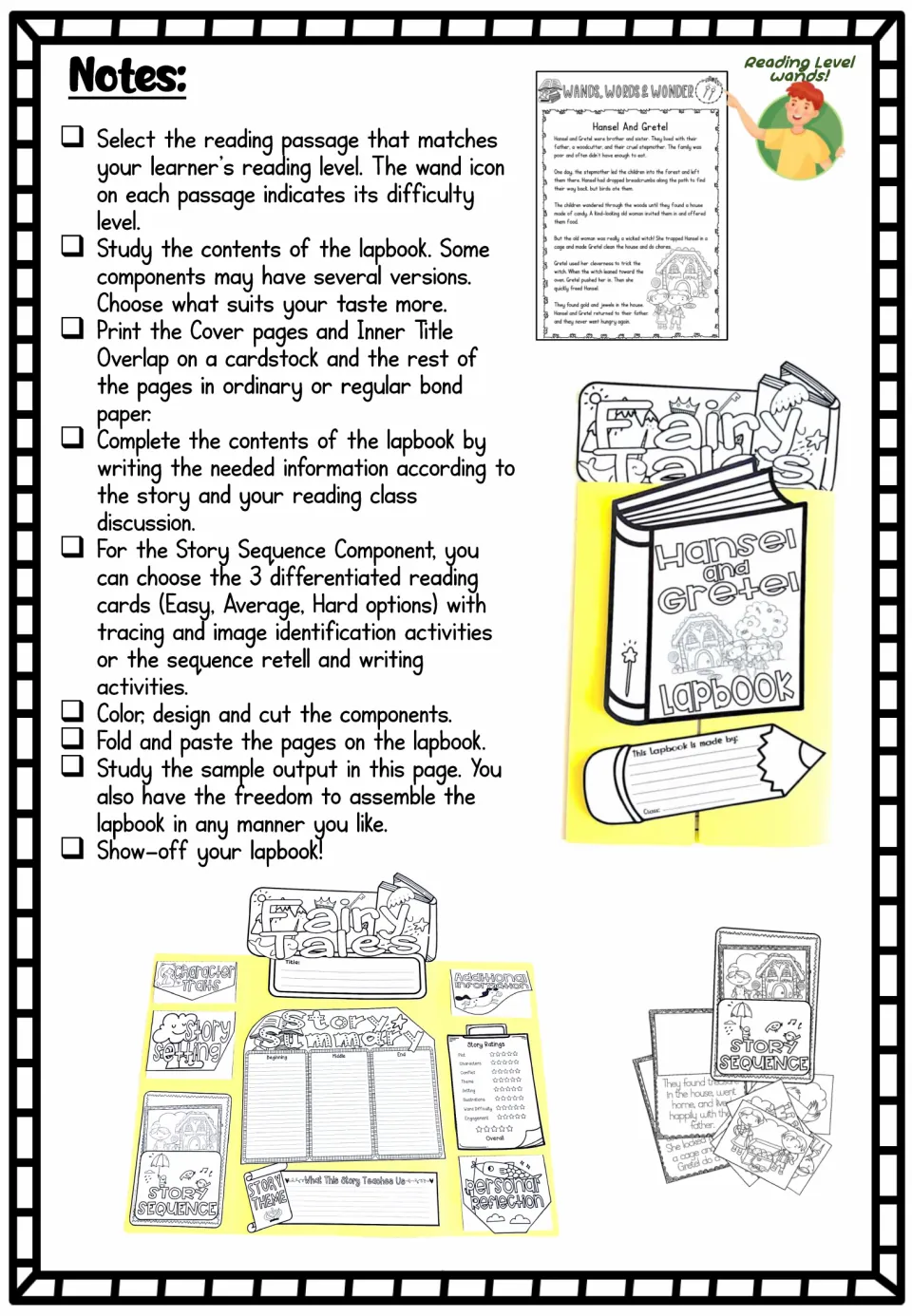 Lapbook assembly notes explain reading levels, printing materials, sequence options, coloring, and folding.