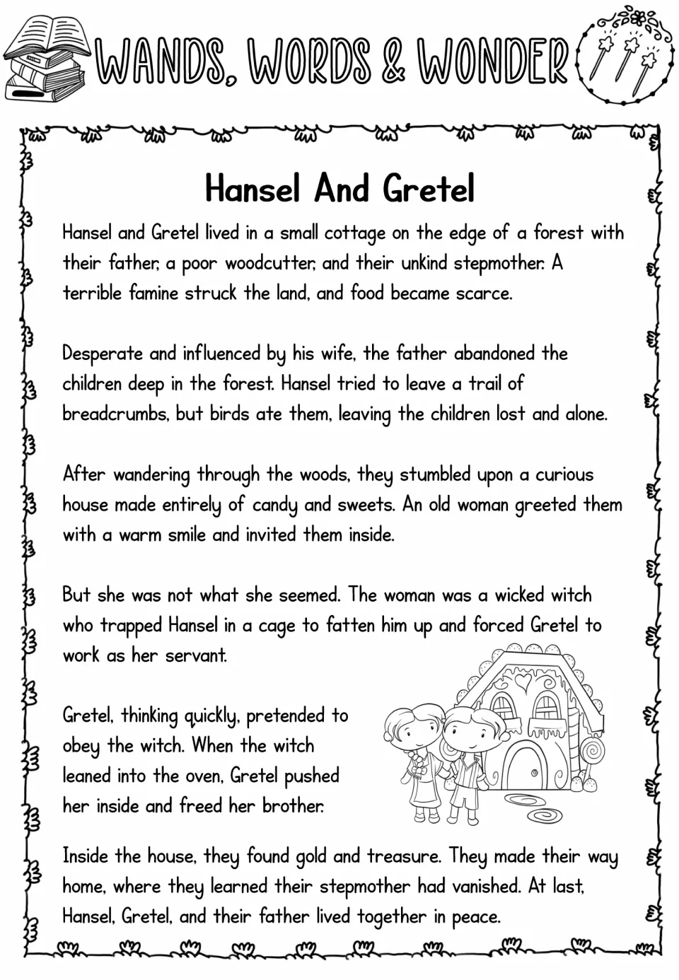 Hard Hansel and Gretel reading passage describes famine, abandonment, the witch’s trap, and Gretel’s rescue.