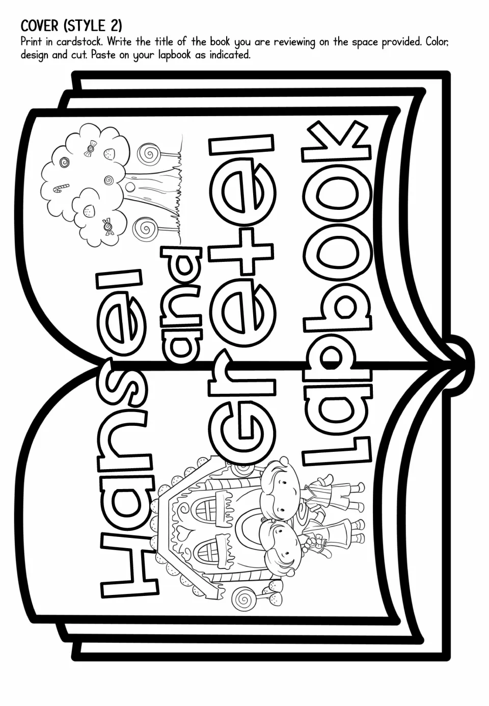 Lapbook cover style 2 uses an open-book template with Hansel and Gretel, a candy house, and a candy tree.