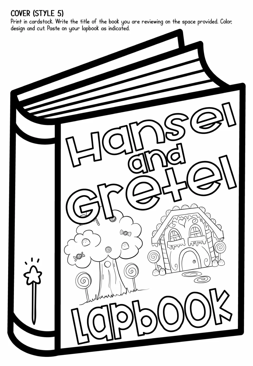 Lapbook cover style 5 features a candy tree and candy house beneath the title on a closed-book template.