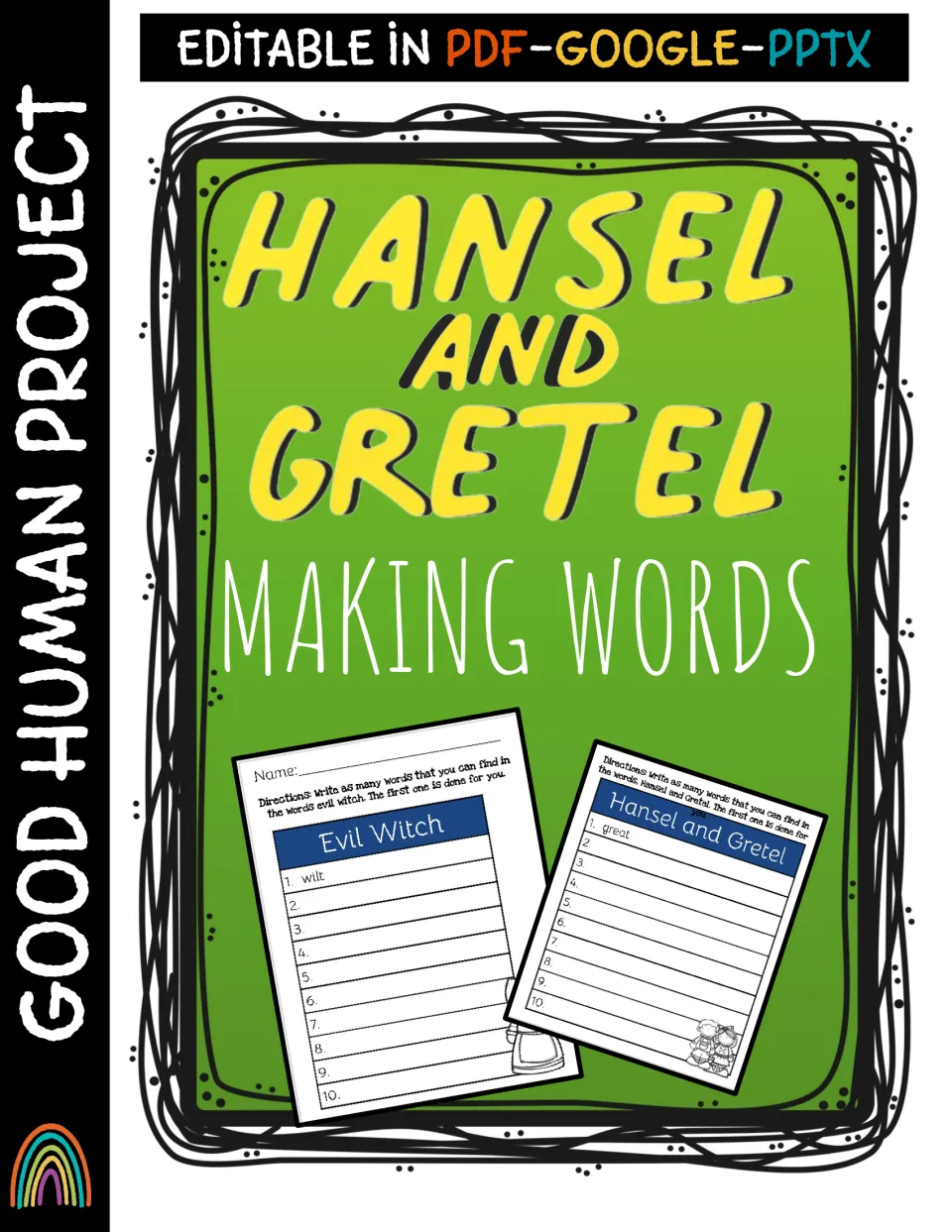 Hansel and Gretel Making Words cover previewing two word-building sheets titled Evil Witch and Hansel and Gretel