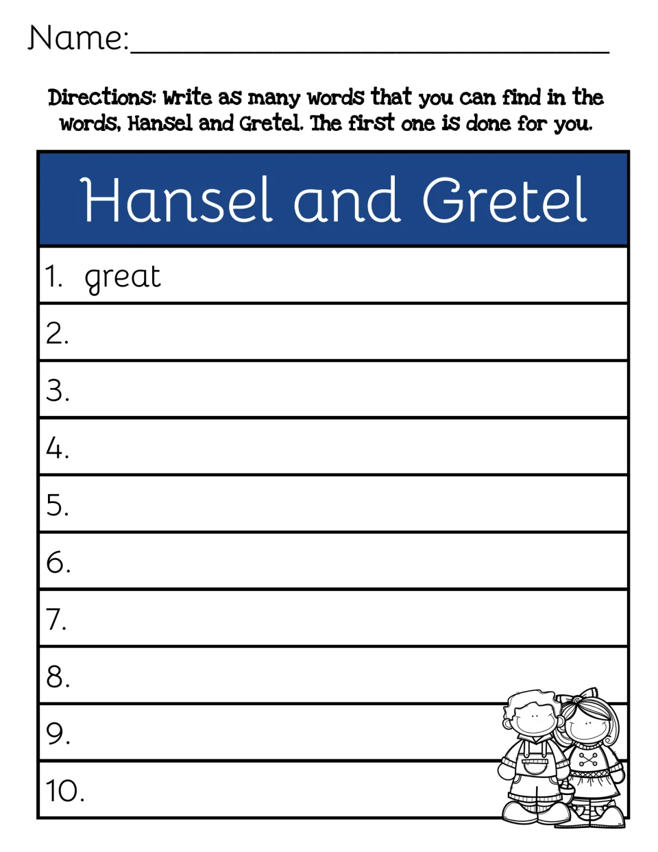 Making words from the letters in Hansel and Gretel: students list up to 10 words, with 'great' given as the first example
