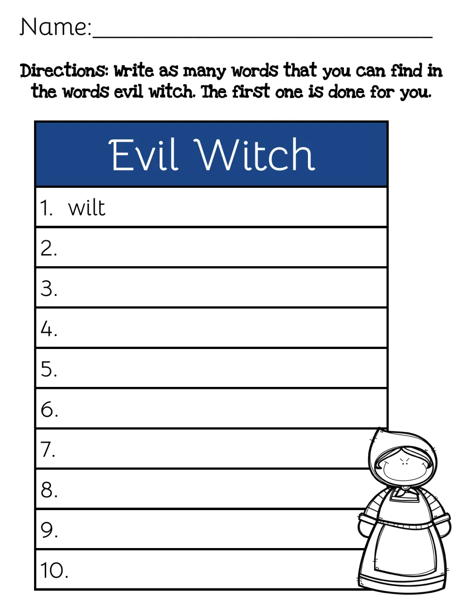 Evil Witch word building: students find and write up to 10 words spelled from its letters; 'wilt' is done as the first one