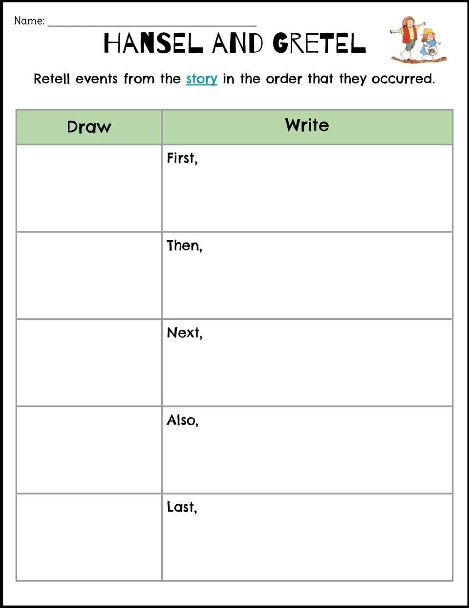 Story sequencing organizer asks students to draw and write events using First, Then, Next, Also, and Last