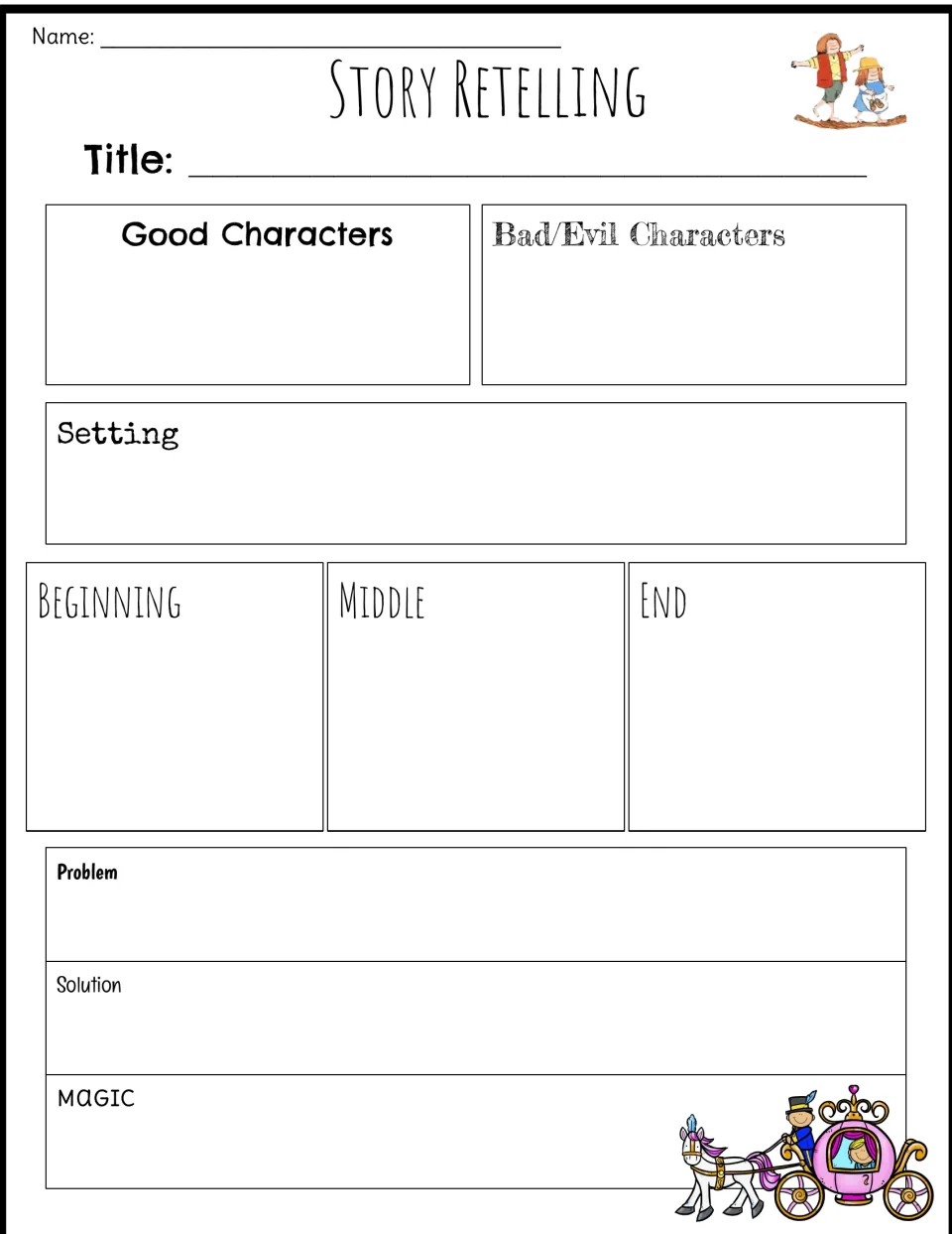 Story retelling organizer covers good and bad characters, setting, beginning, middle, end, problem, solution, magic