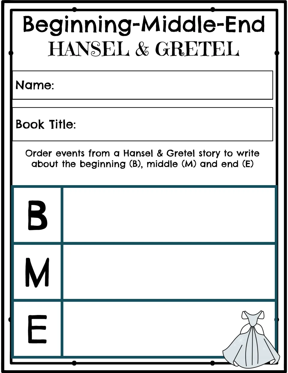 Beginning-middle-end organizer asks students to order events from a Hansel and Gretel story and record its title