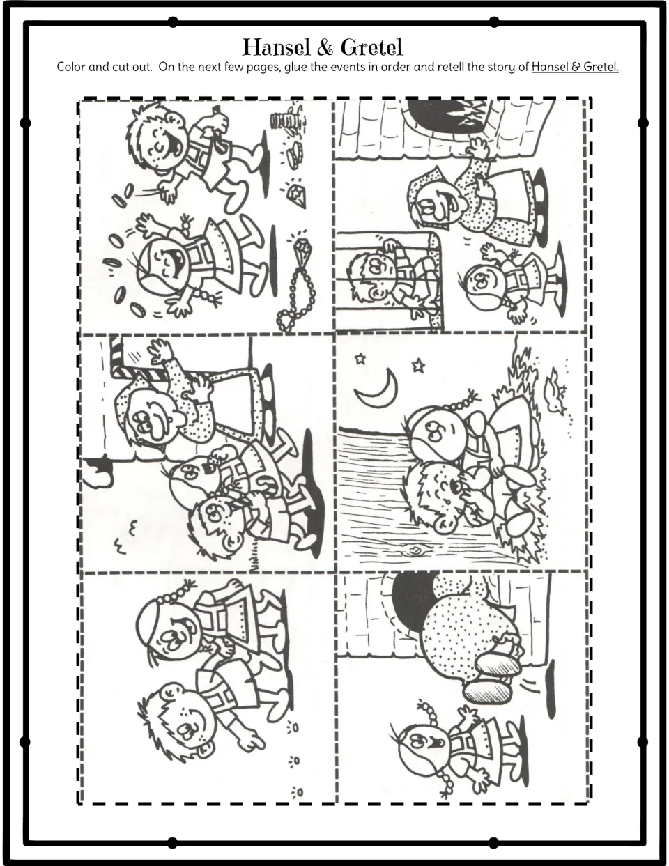 Six cut-out story pictures show the siblings, forest, witch, captivity, oven, and treasure for booklet sequencing