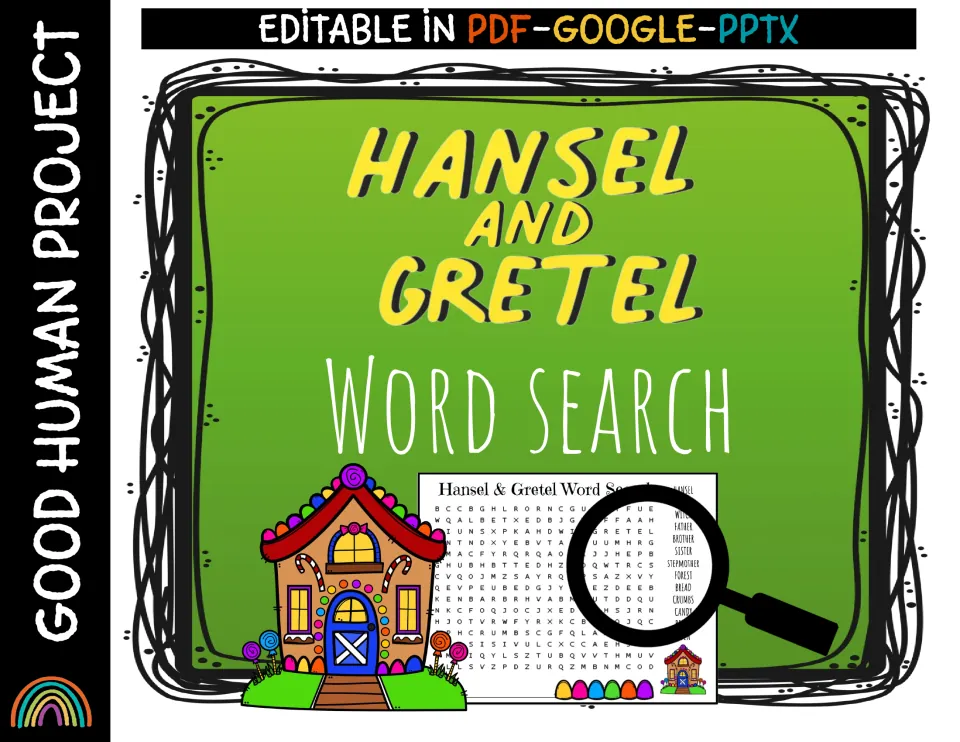 Hansel and Gretel Word Search cover showing a gingerbread house and puzzle preview, editable in PDF, Google and PPTX