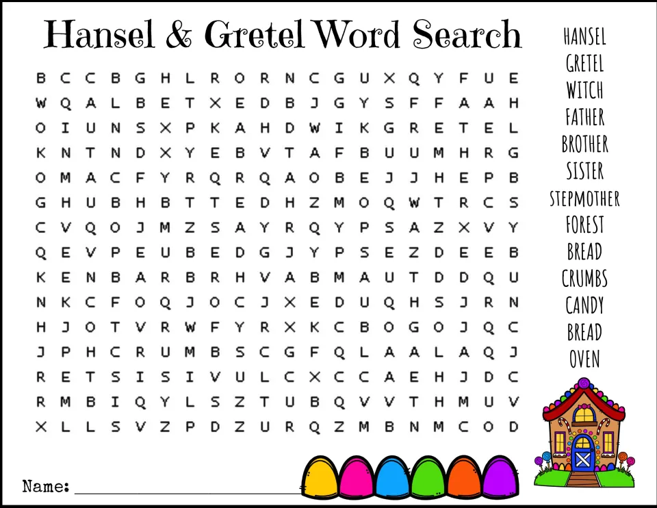 Fairy tale vocabulary hunt: students search the letters for story words like witch, stepmother, crumbs, candy and oven