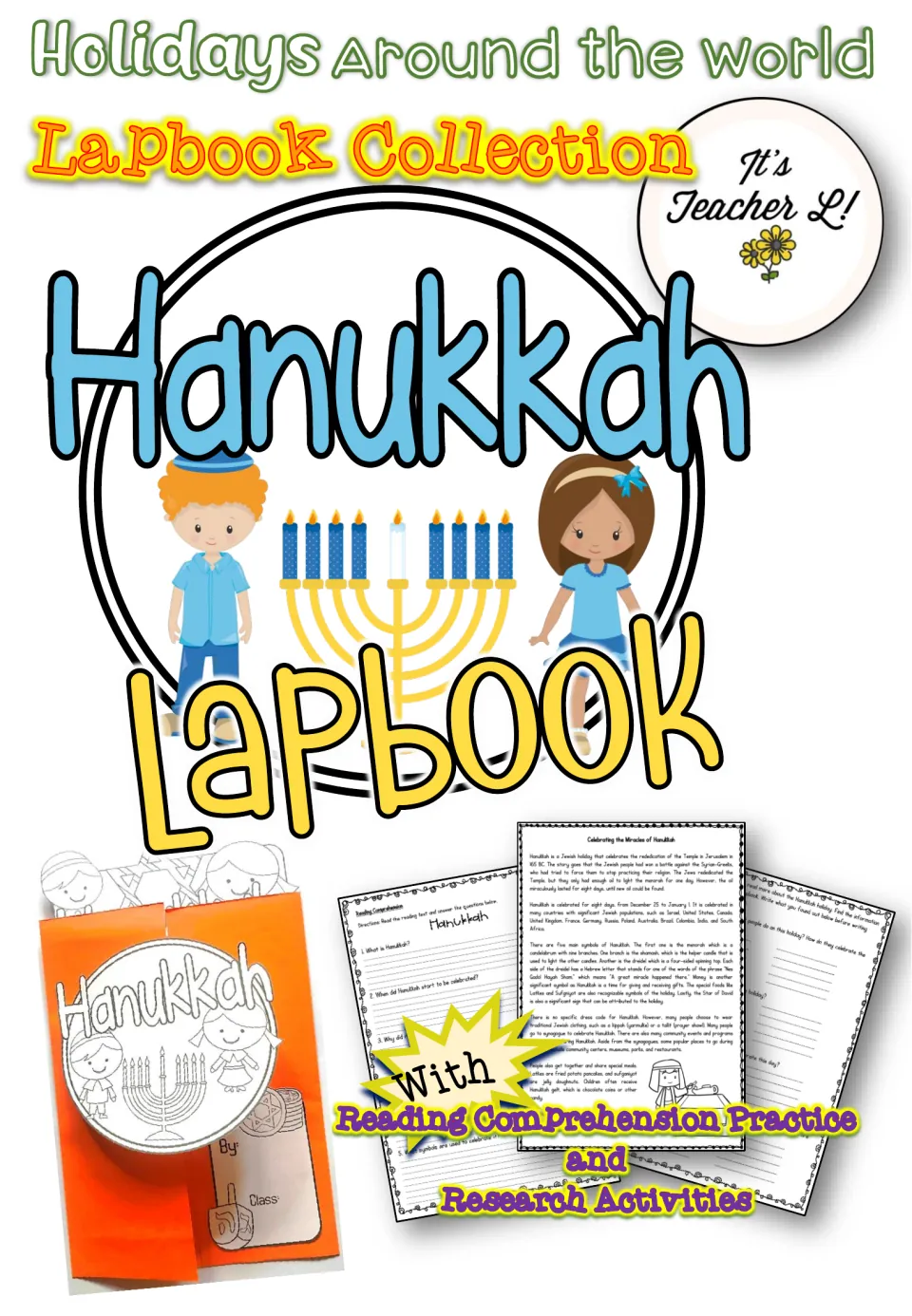 Hanukkah lapbook resource cover showing a completed project and reading comprehension and research activities