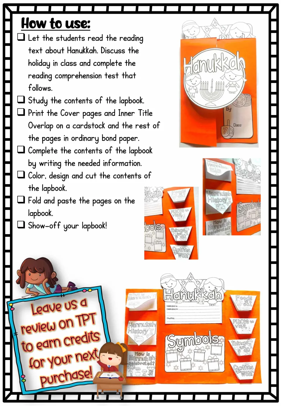 Hanukkah lapbook instructions for reading, writing, coloring, cutting, folding, and pasting the project