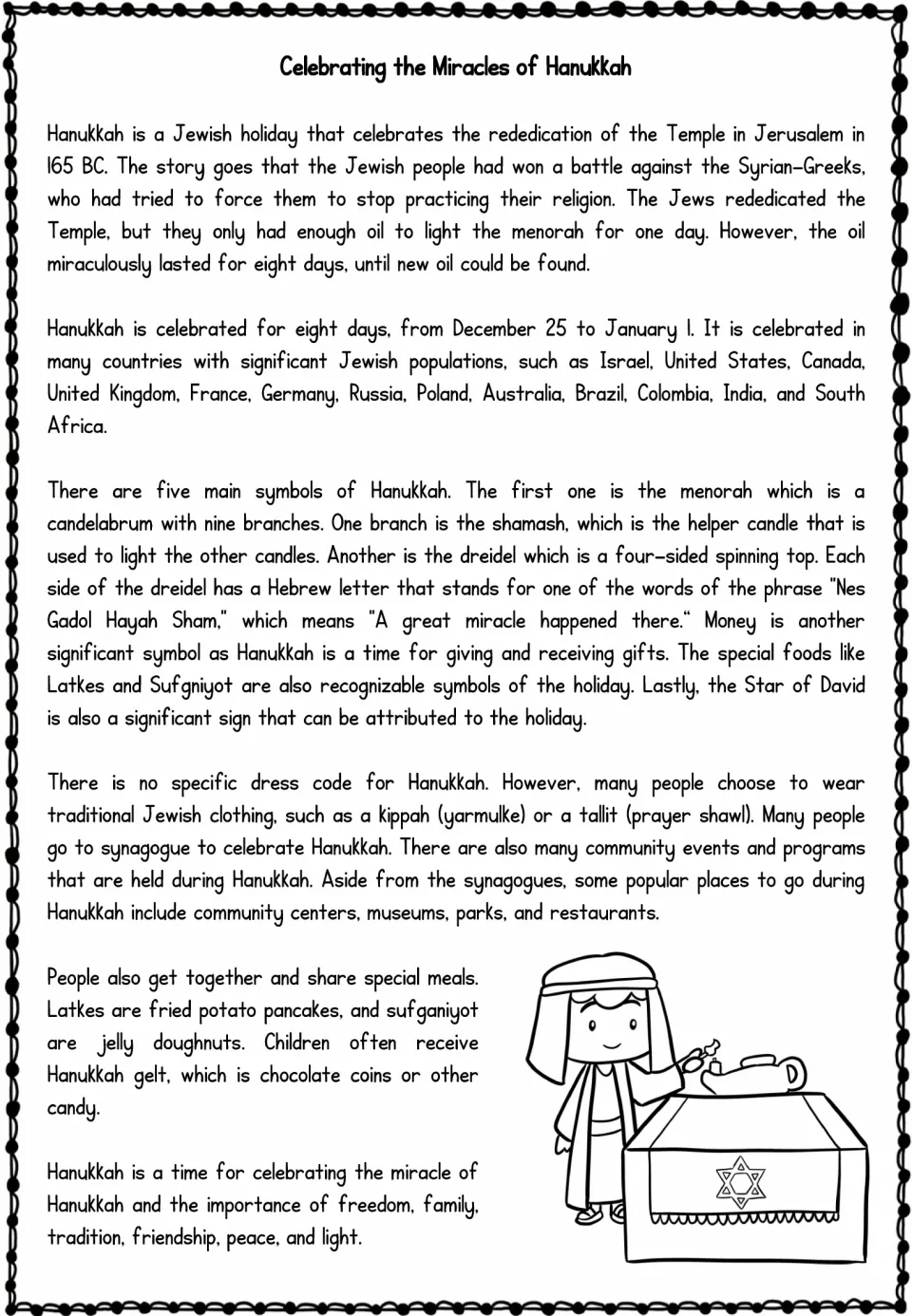 Hanukkah reading passage covering the Temple rededication, miracle of the oil, symbols, foods, and traditions