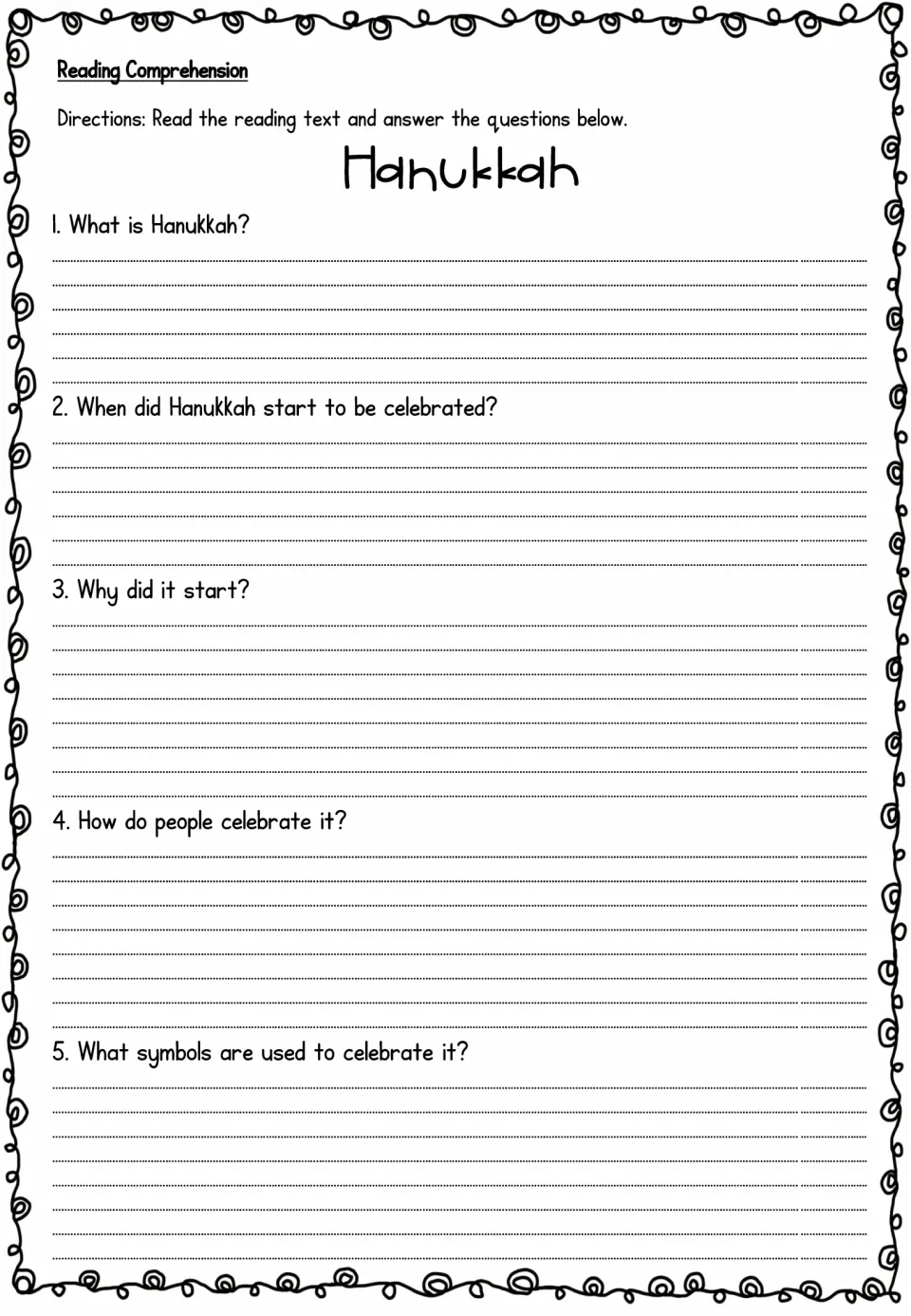 Hanukkah reading comprehension task asking five questions about its meaning, origins, celebrations, and symbols
