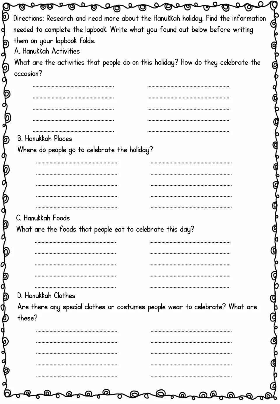 Hanukkah research planning sheet asking students to record activities, places, foods, and clothes for their lapbook