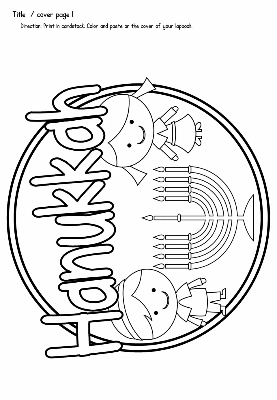 Hanukkah lapbook cover template to color and paste, featuring the holiday name, two children, and a menorah