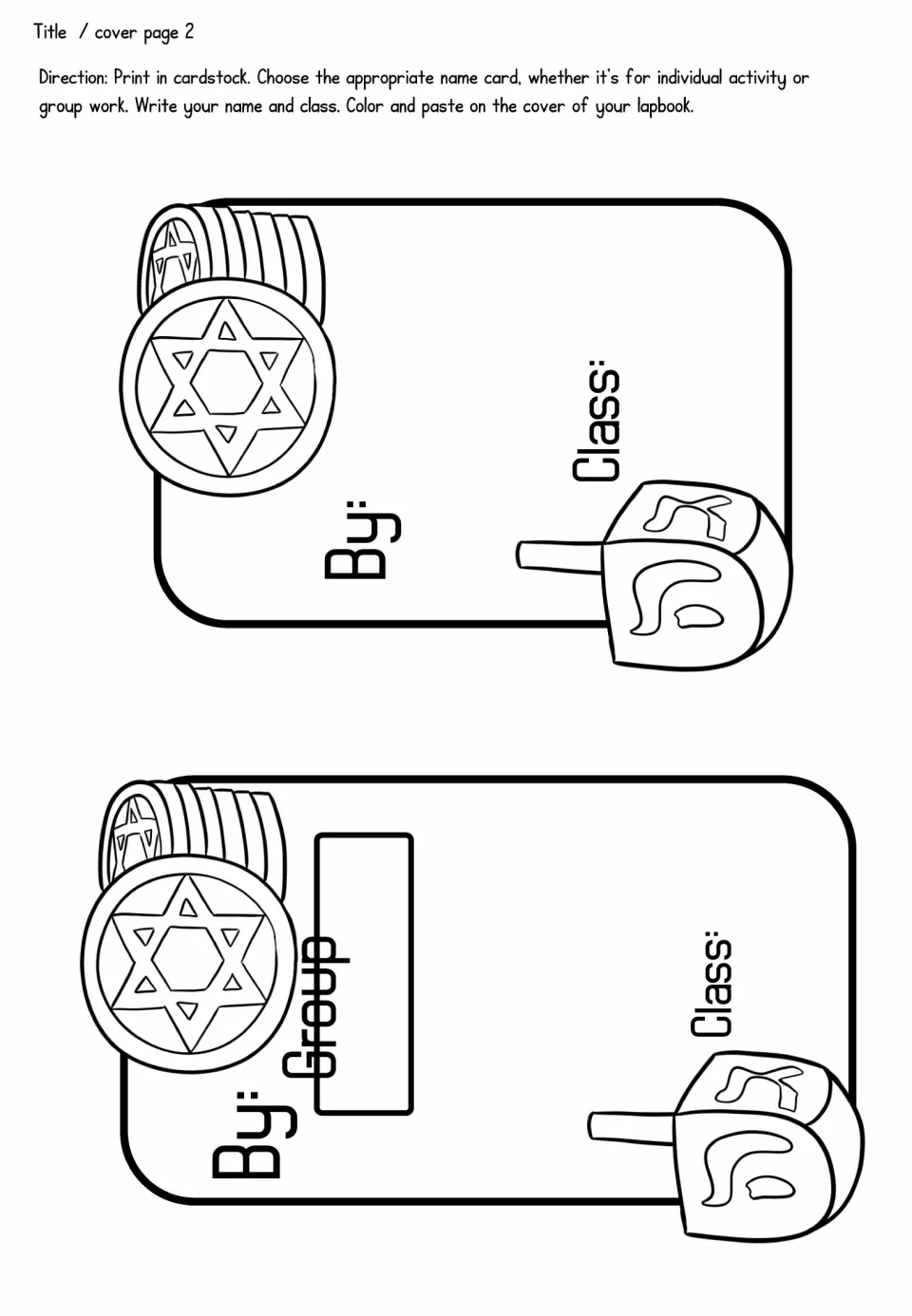 Hanukkah lapbook name cards for individual or group work, with spaces for names and class, plus dreidels and coins