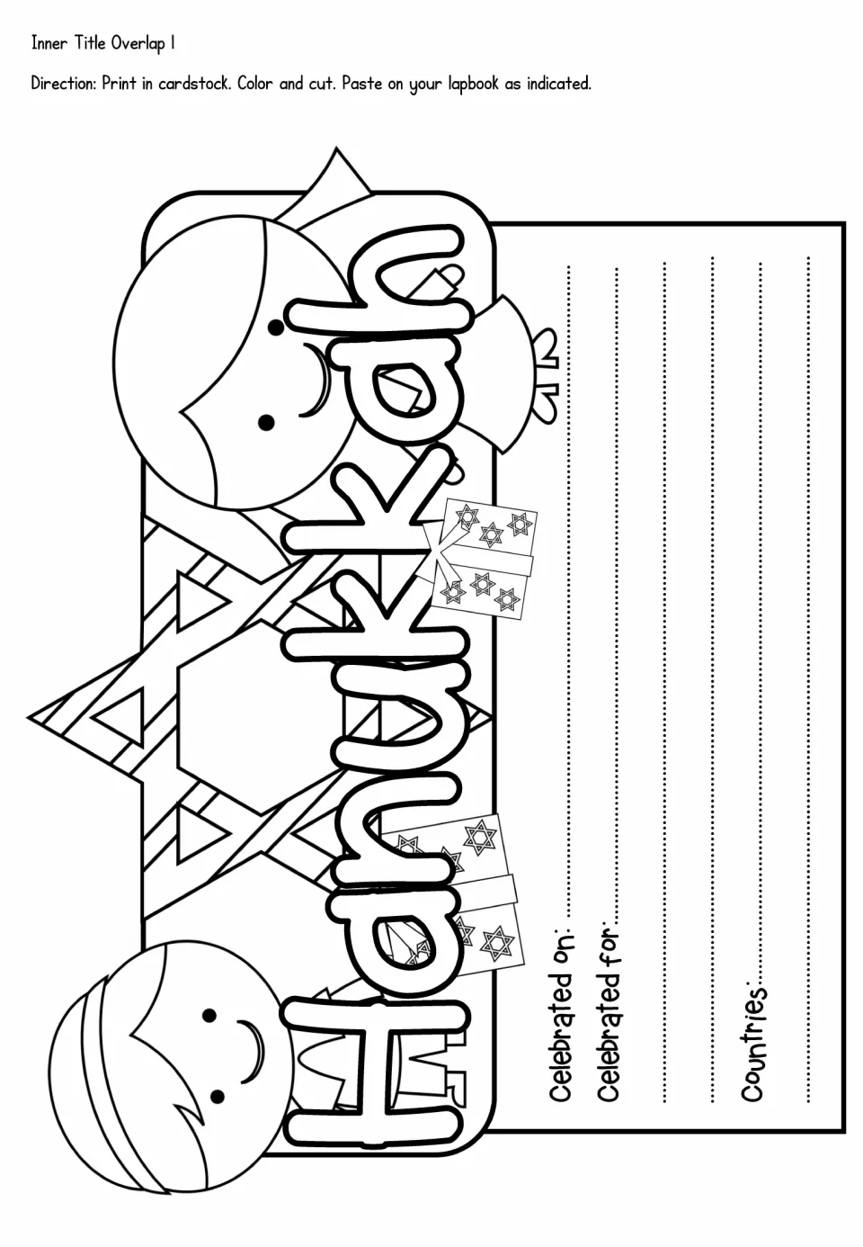 Hanukkah lapbook inner title template asking when the holiday is celebrated, what it celebrates, and its countries