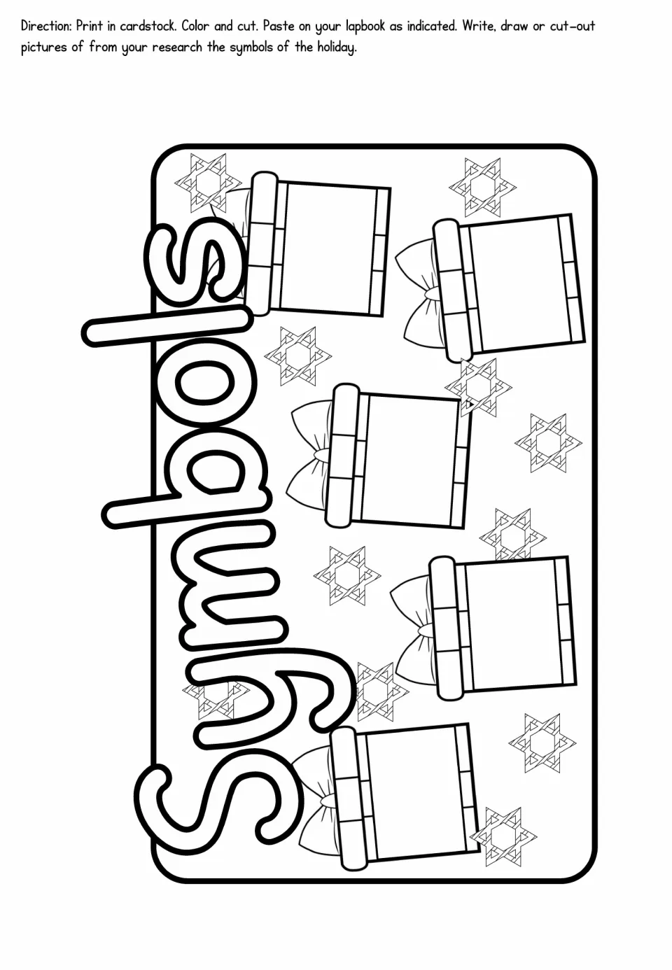 Hanukkah lapbook symbols template with five gift shapes for writing, drawing, or adding researched holiday pictures
