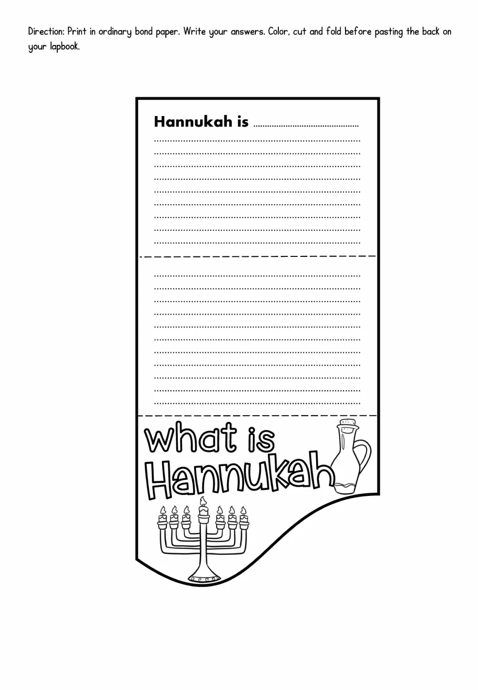 Hanukkah lapbook foldable with a definition prompt and directions to write, color, cut, fold, and paste