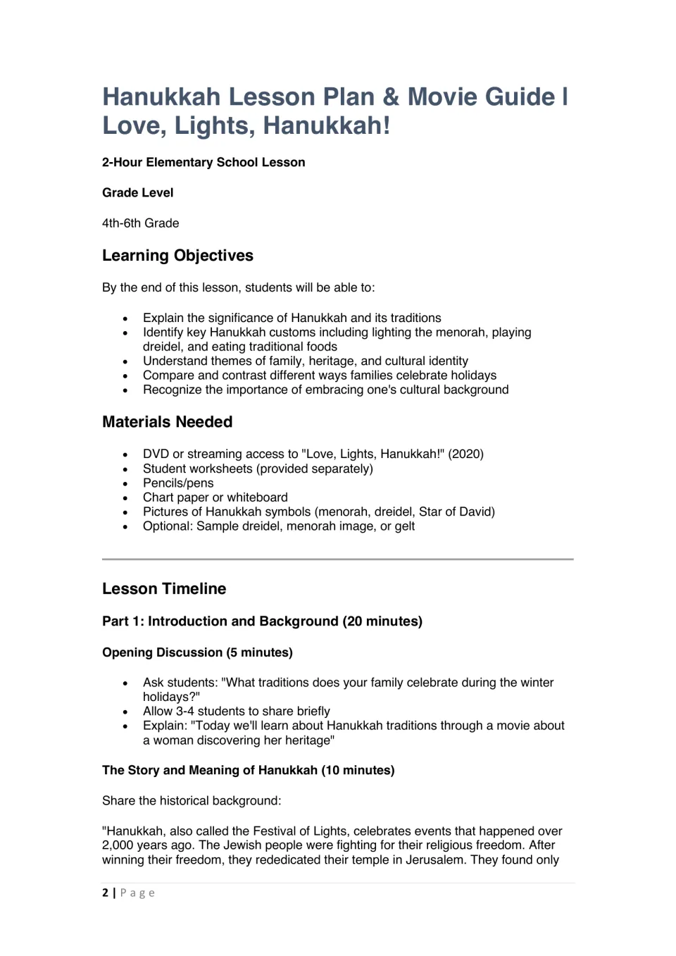 Hanukkah lesson plan opening: learning objectives, materials, opening discussion, and historical background
