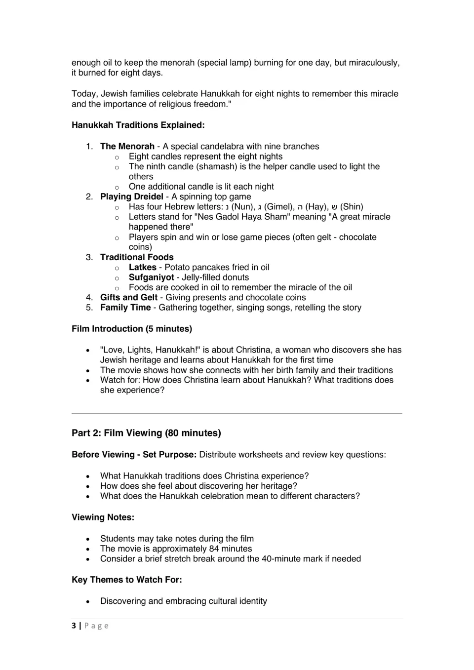 Hanukkah lesson continuation: menorah, dreidel, foods, gifts, family time, and film viewing questions