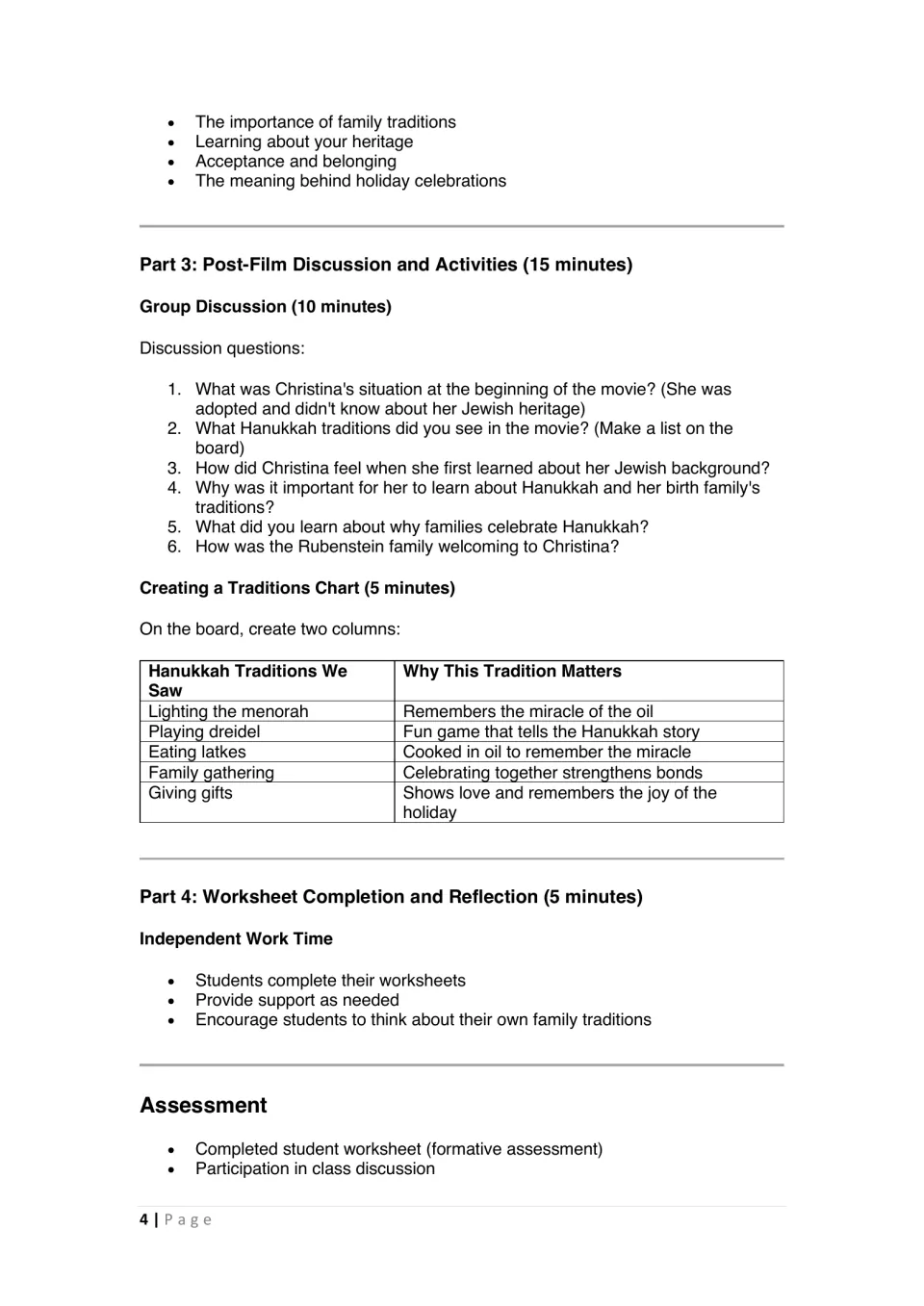 Hanukkah lesson follow-up: six film discussion questions, a traditions chart, reflection, and assessment