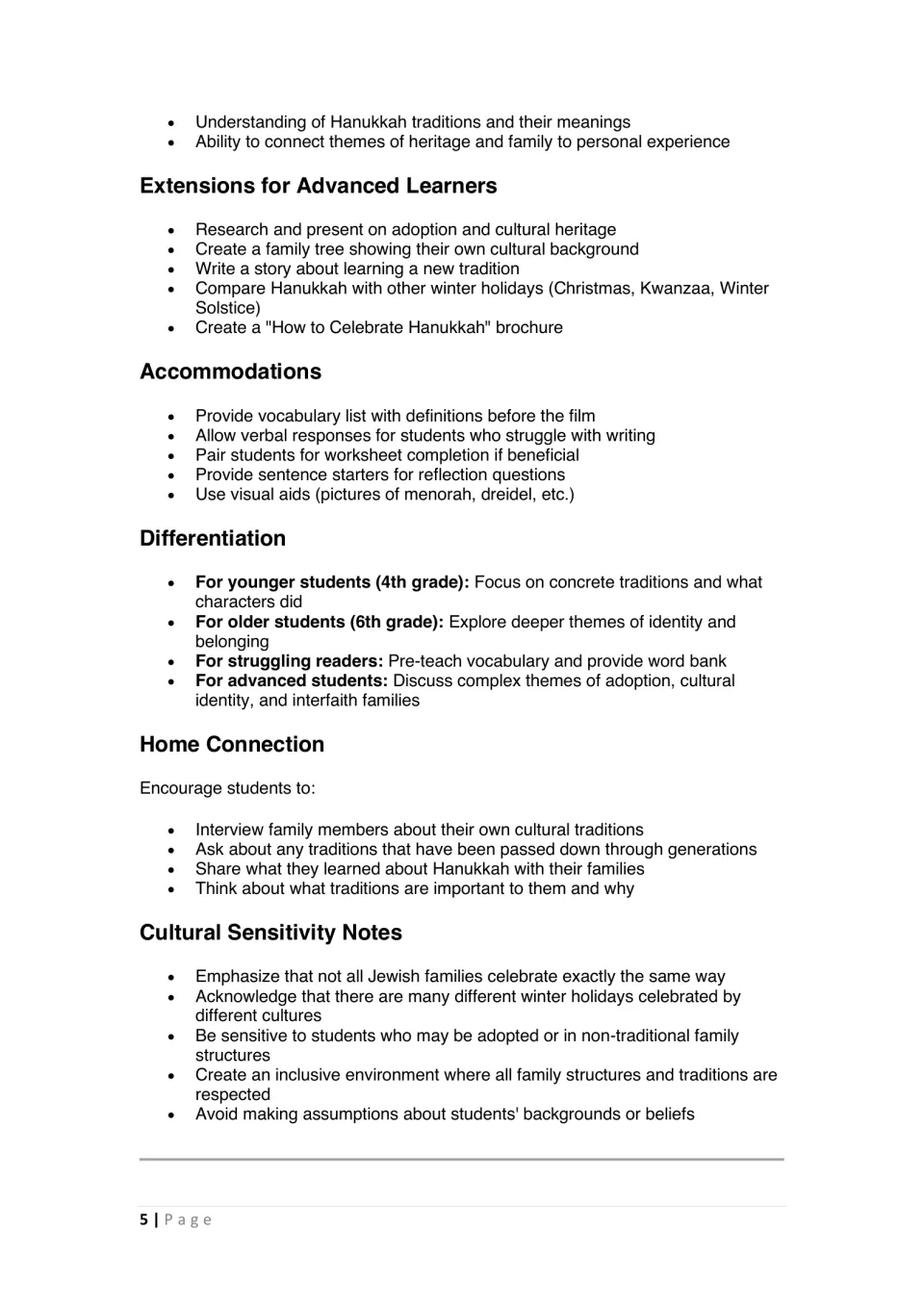 Hanukkah teaching guidance: extensions, accommodations, differentiation, home connection, and cultural sensitivity