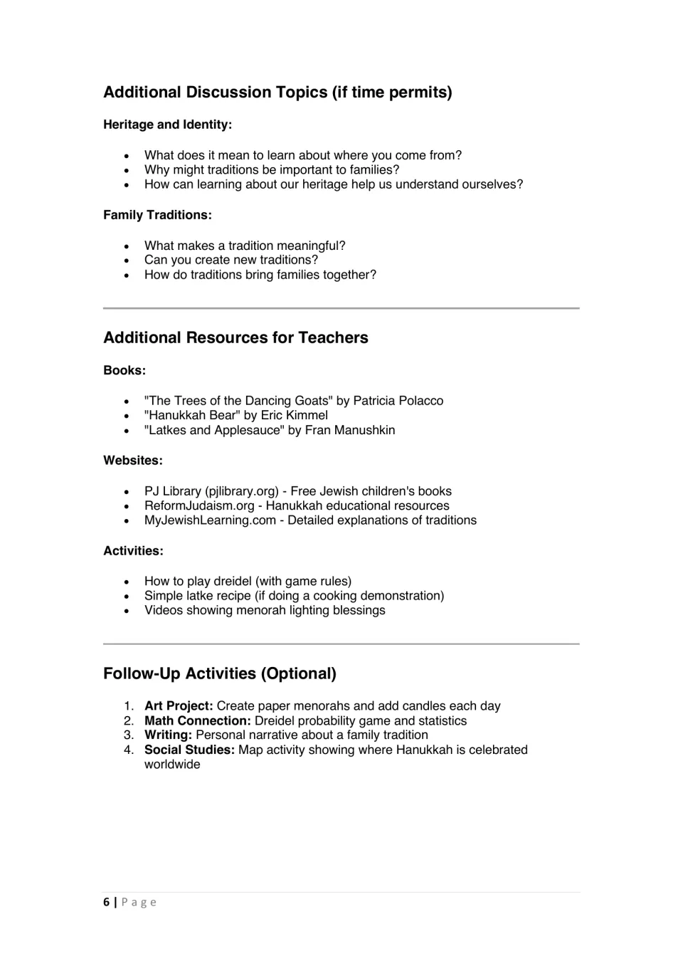 Hanukkah lesson extras: heritage discussion prompts, teacher resources, and art, math, and writing follow-ups