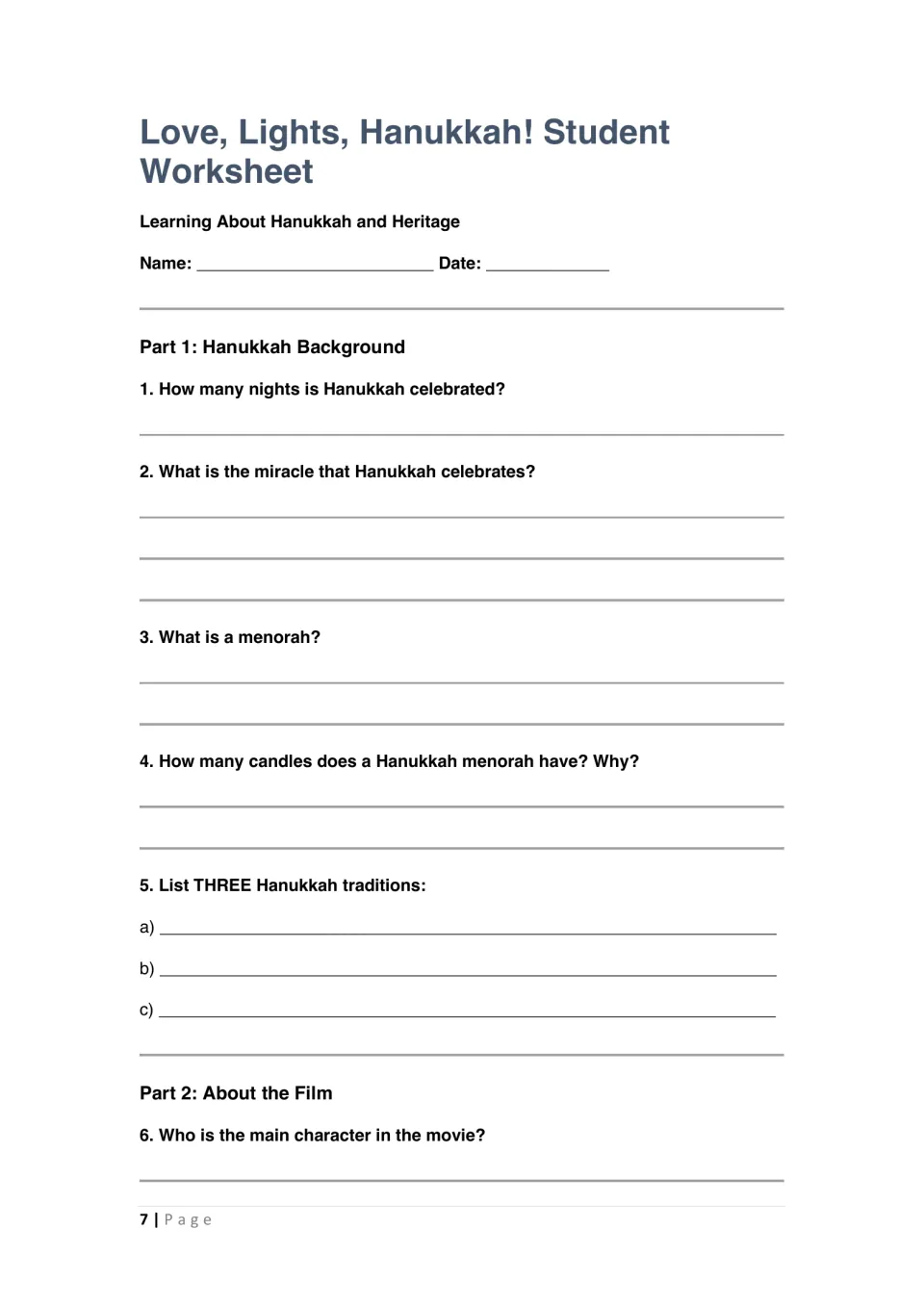 Student worksheet questions 1–6 cover Hanukkah nights, the oil miracle, menorah candles, traditions, and the lead role