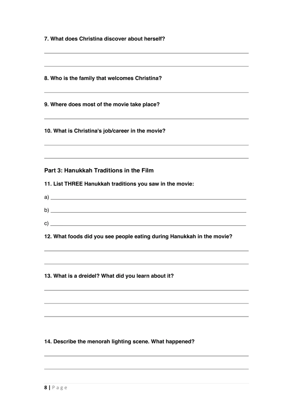 Student worksheet questions 7–14 cover Christina's discovery, family, job, and Hanukkah traditions in the film
