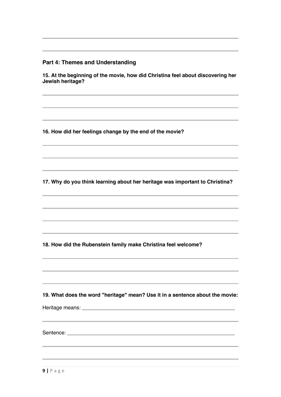 Student worksheet questions 15–19 explore Christina's changing feelings, heritage, and the Rubenstein family's welcome