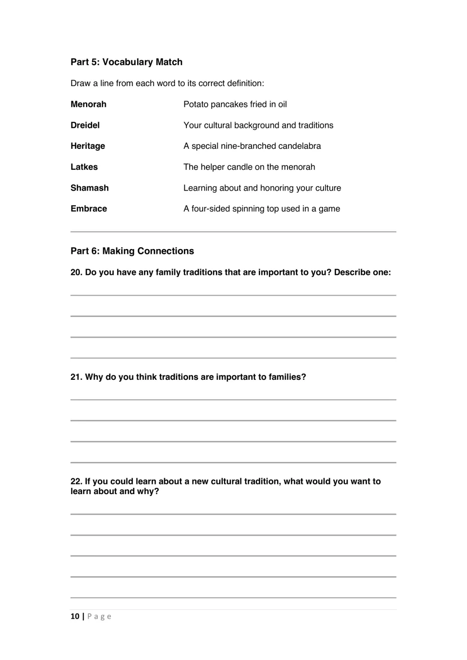 Student worksheet matches six vocabulary words and asks questions 20–22 about family and cultural traditions
