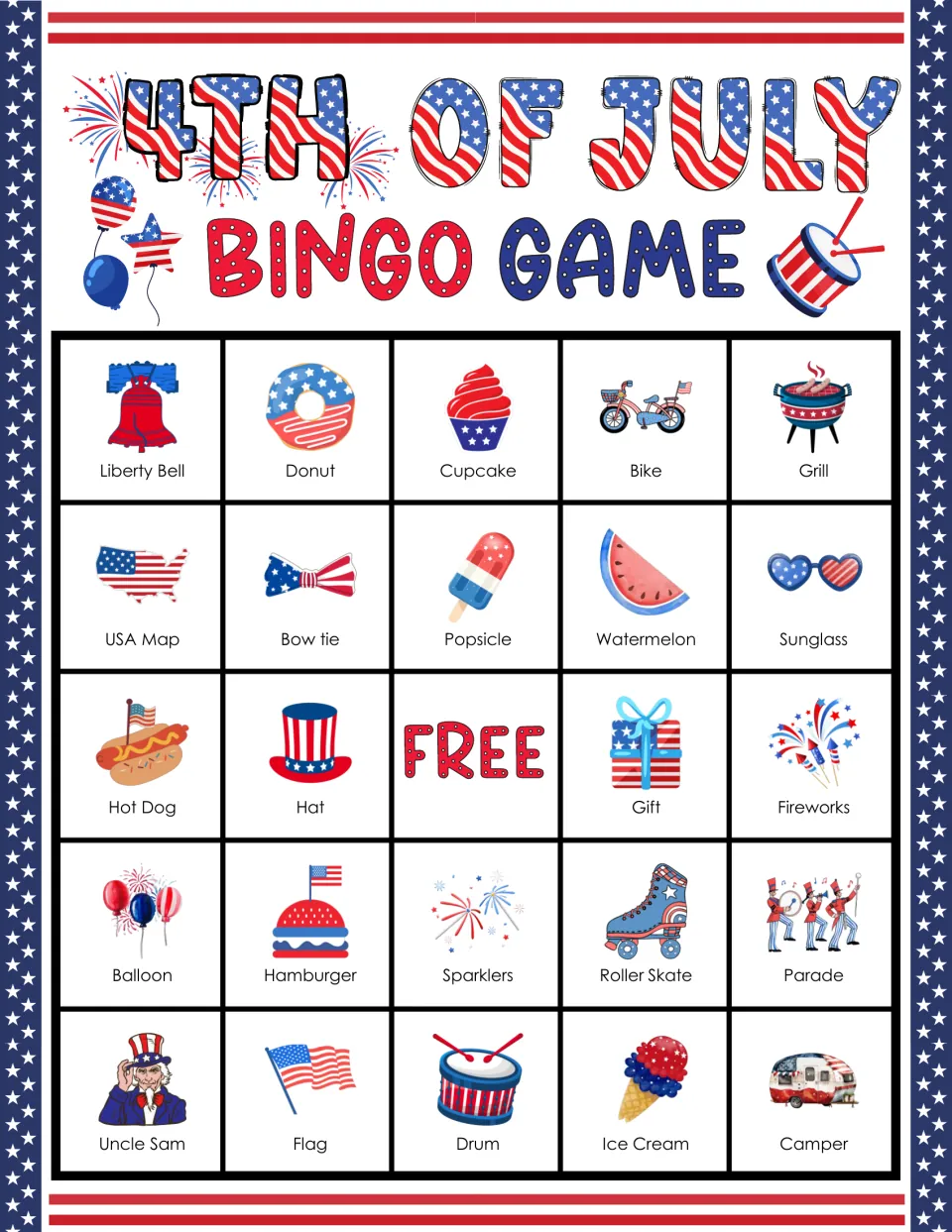 4th of July bingo card: students mark holiday pictures as called, top row Liberty Bell, Donut, Cupcake, Bike, Grill