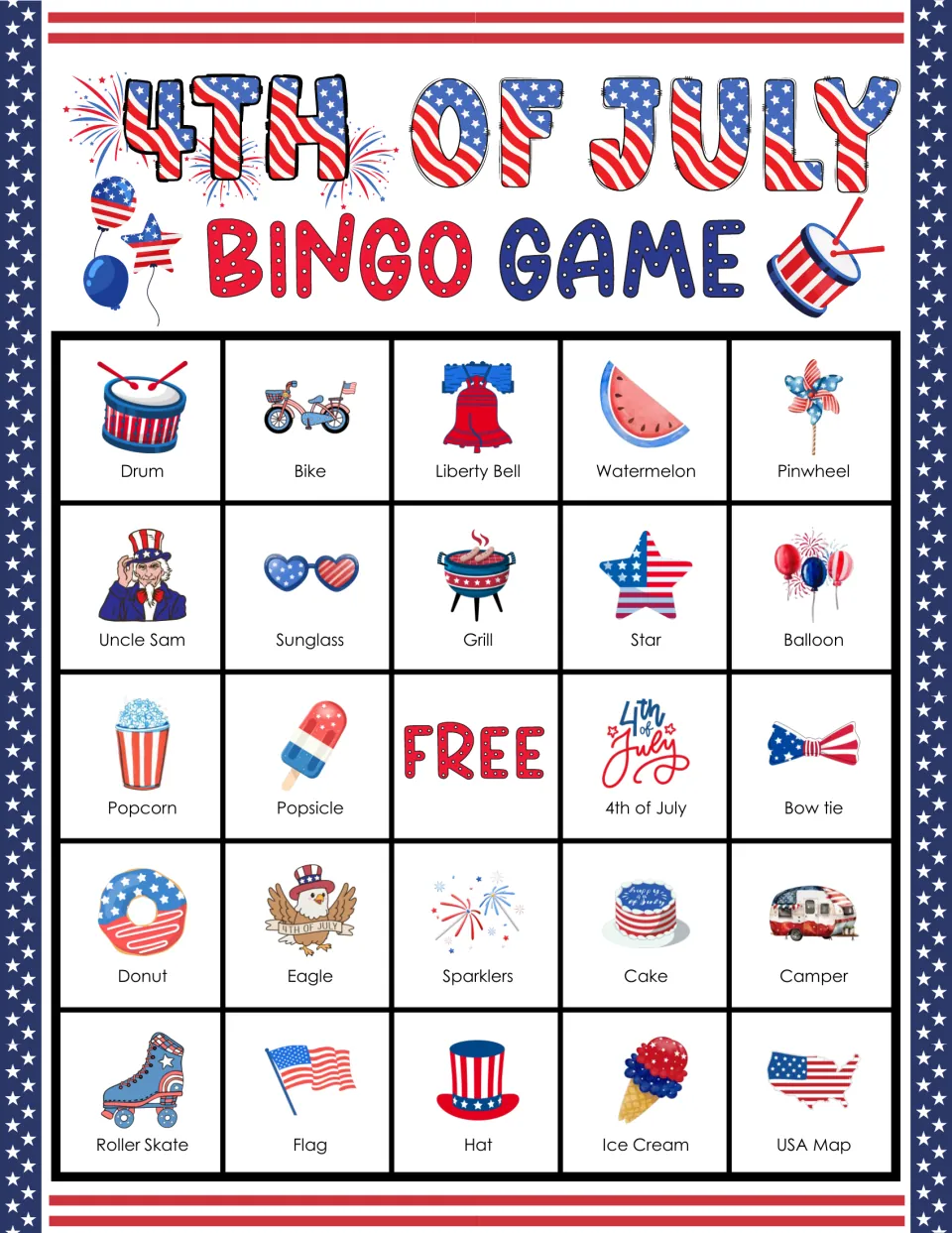 4th of July bingo card: students match called words to pictures, top row Drum, Bike, Liberty Bell, Watermelon, Pinwheel
