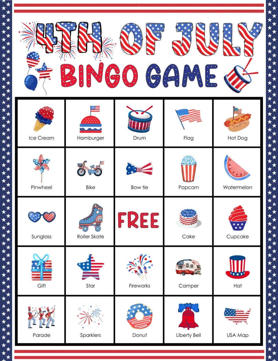 4th of July bingo card: students cover called pictures, top row Ice Cream, Hamburger, Drum, Flag, Hot Dog