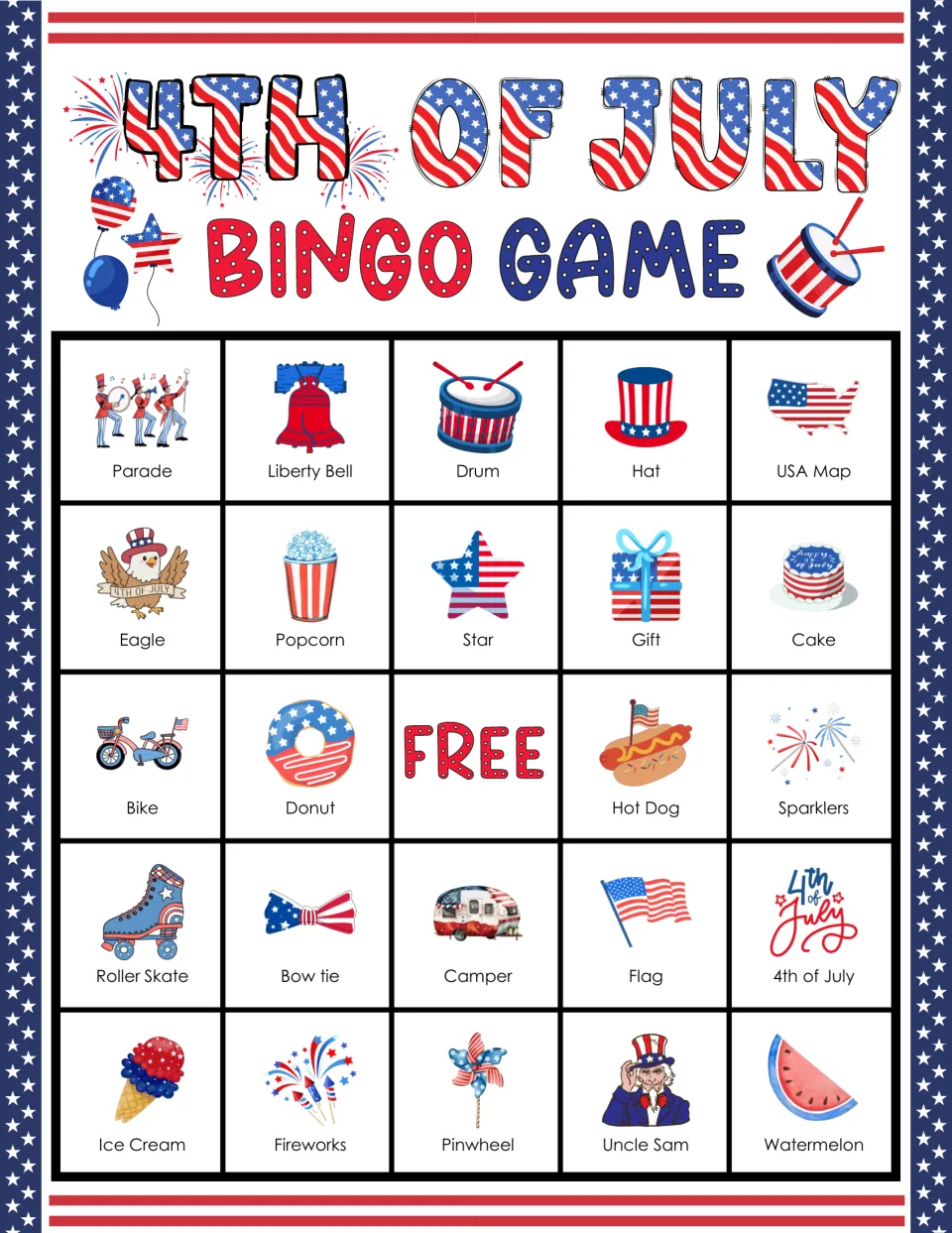4th of July bingo card: students find and mark holiday words, top row Parade, Liberty Bell, Drum, Hat and USA Map