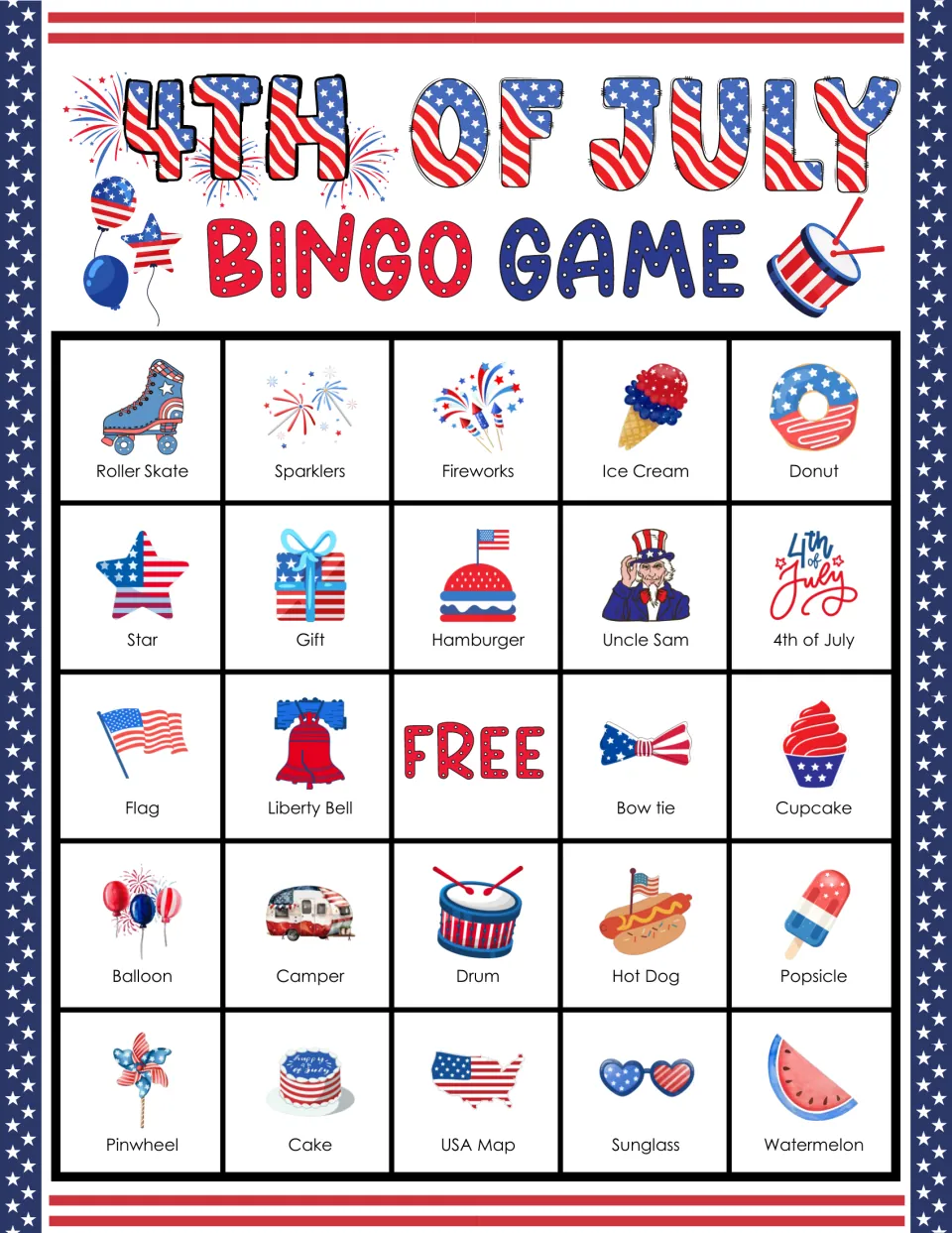 4th of July bingo card: students listen and mark pictures, top row Roller Skate, Sparklers, Fireworks, Ice Cream, Donut