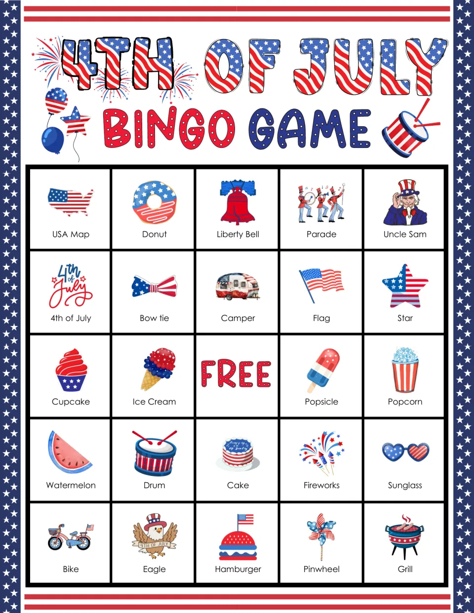 4th of July bingo card: students cover pictures as called, top row USA Map, Donut, Liberty Bell, Parade, Uncle Sam