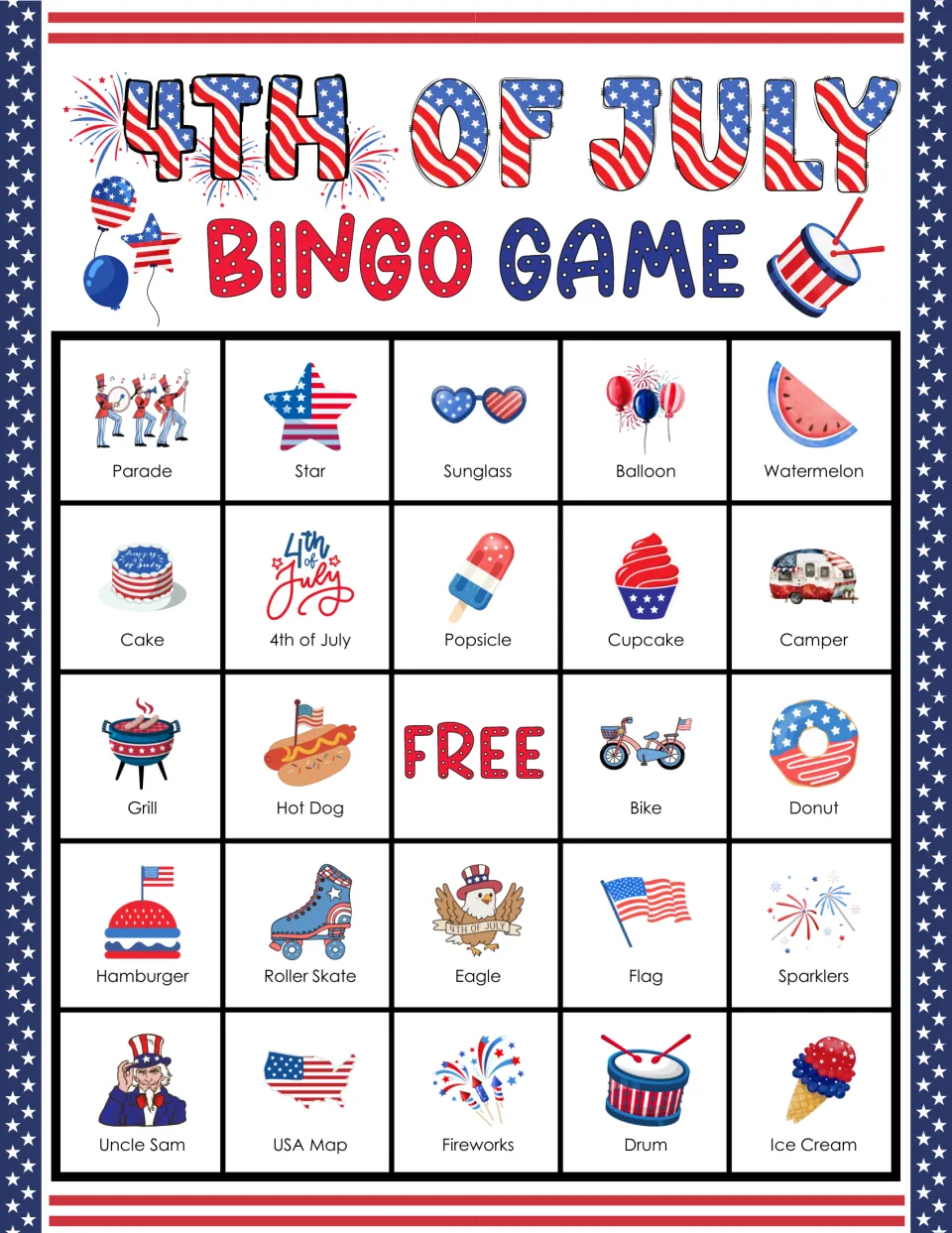 4th of July bingo card: students match spoken words to pictures, top row Parade, Star, Sunglass, Balloon and Watermelon