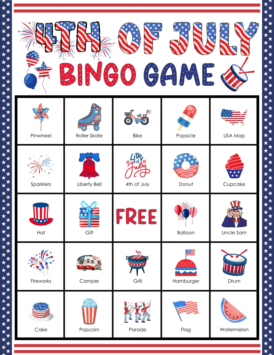 4th of July bingo card: students mark holiday symbols as called, top row Pinwheel, Roller Skate, Bike, Popsicle, USA Map