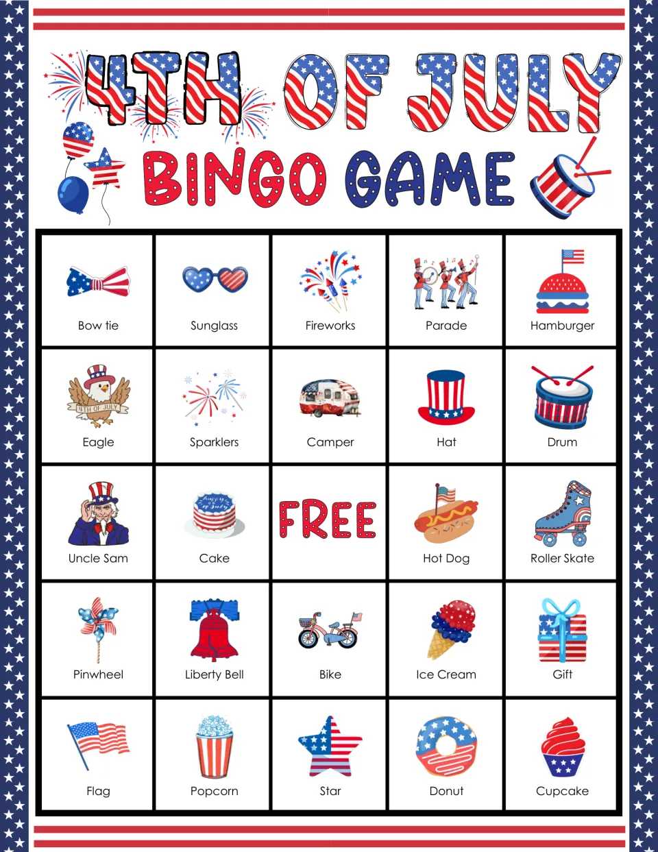 4th of July bingo card: students aim for five in a row, top row Bow tie, Sunglass, Fireworks, Parade, Hamburger