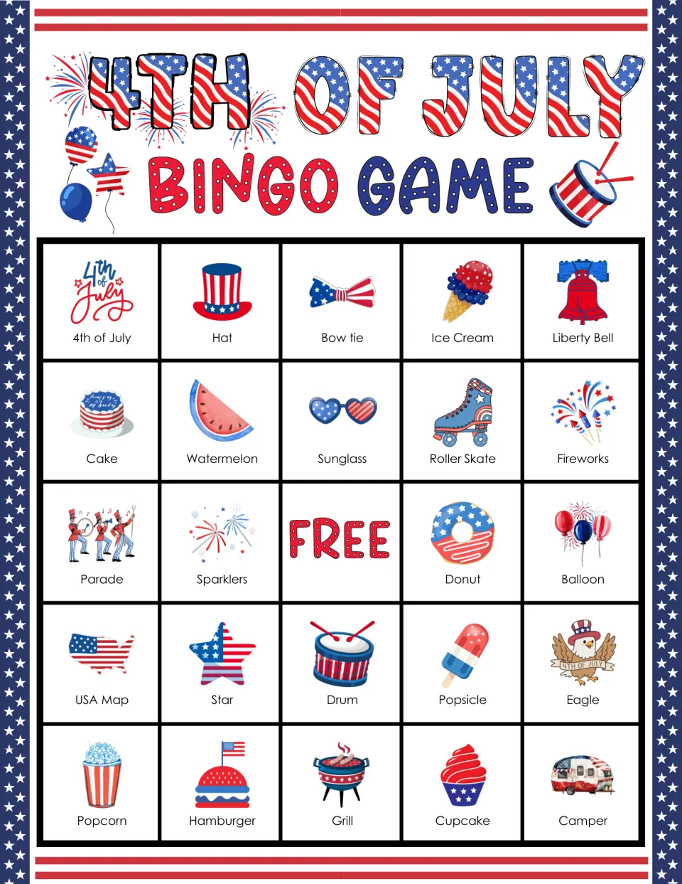 4th of July bingo card: students mark called items, top row 4th of July, Hat, Bow tie, Ice Cream, Liberty Bell